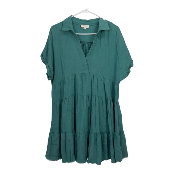 Umgee Womens Green Tiered Linen Blend Short Sleeve Tunic Dress Size M - Picture 2 of 10